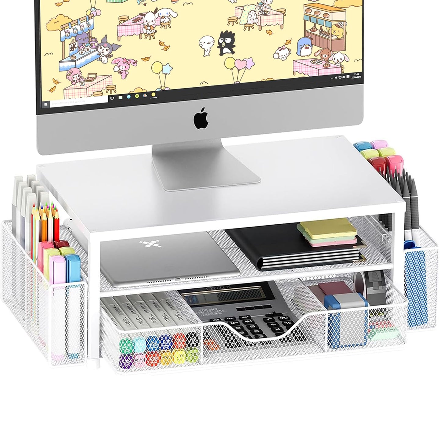 OPNICE Desk Organizer and Accessories, 2-Tier Computer Monitor Stand Riser with Drawer and 2 Pen Holders, Laptop Stand, Office Desk Accessories for Office Supplies