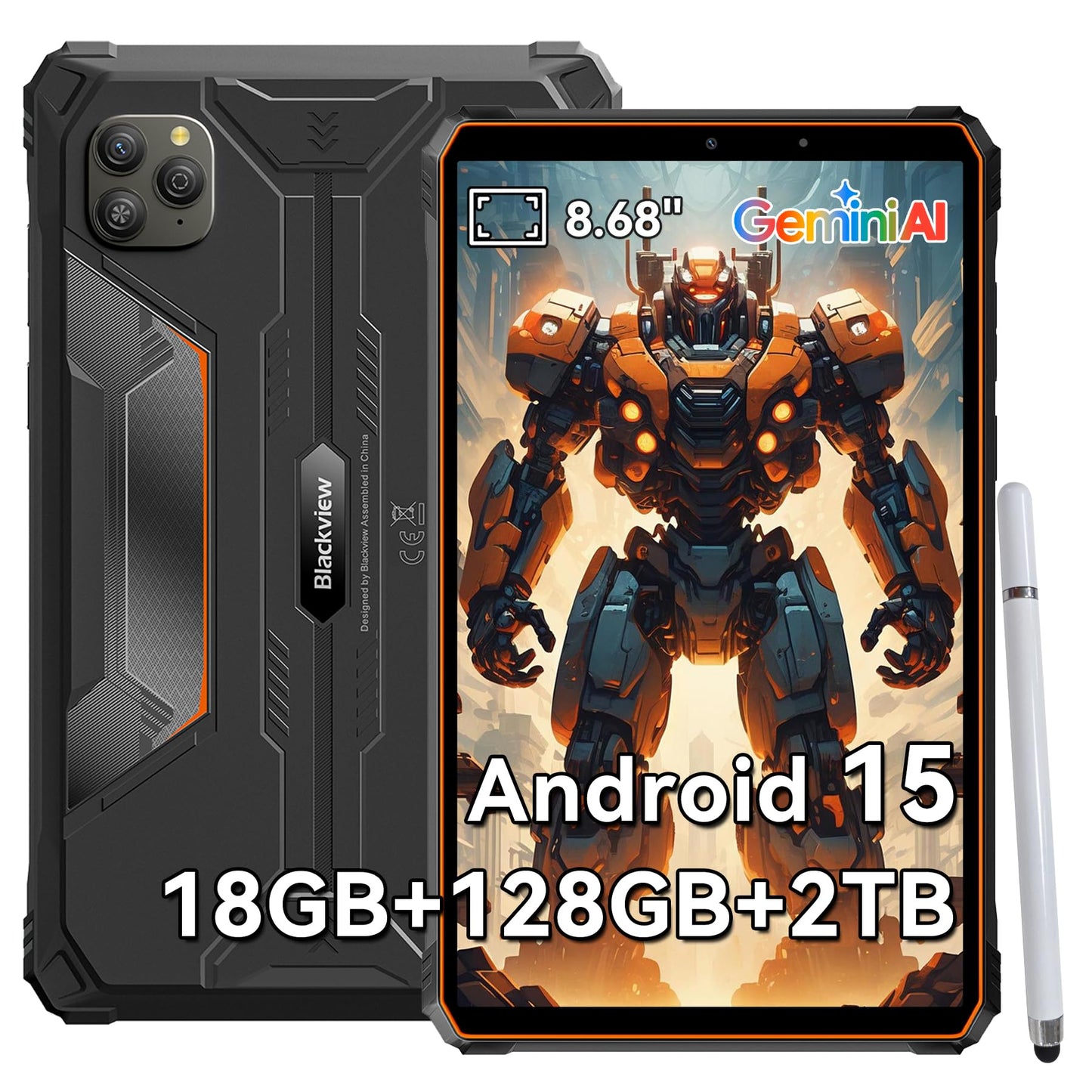 Blackview 9 inch Rugged Tablet, Android 15 Waterproof Tablet wirh Gemini AI, 24GB+128GB TF 2TB, 180Hz, IP68/IP69K, MIL-STD-810H Shockproof, 16MP+13MP, 18W/OTG/5G WiFi/GPS/NFC/TÜV/Face ID/Glove Mode