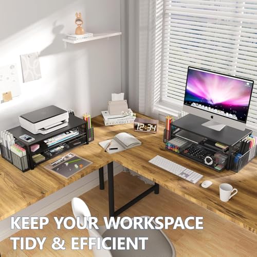 OPNICE Desk Organizer and Accessories, 2-Tier Computer Monitor Stand Riser with Drawer and 2 Pen Holders, Laptop Stand, Office Desk Accessories for Office Supplies