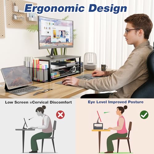 OPNICE Desk Organizer and Accessories, 2-Tier Computer Monitor Stand Riser with Drawer and 2 Pen Holders, Laptop Stand, Office Desk Accessories for Office Supplies