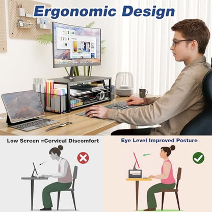OPNICE Desk Organizer and Accessories, 2-Tier Computer Monitor Stand Riser with Drawer and 2 Pen Holders, Laptop Stand, Office Desk Accessories for Office Supplies