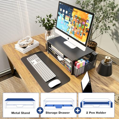 OPNICE Desk Organizer and Accessories, 2-Tier Computer Monitor Stand Riser with Drawer and 2 Pen Holders, Laptop Stand, Office Desk Accessories for Office Supplies