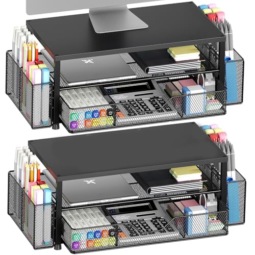 OPNICE Desk Organizer and Accessories, 2-Tier Computer Monitor Stand Riser with Drawer and 2 Pen Holders, Laptop Stand, Office Desk Accessories for Office Supplies