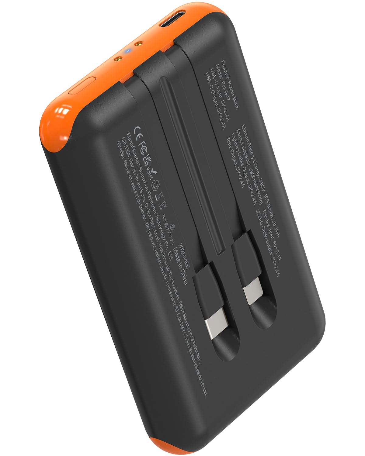 10000mAh Portable Power Bank with Built-In Cables