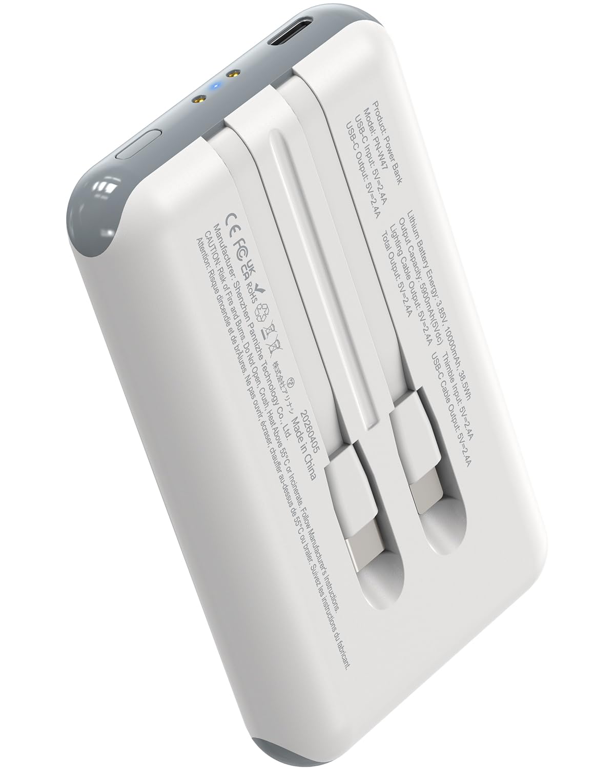 10000mAh Portable Power Bank with Built-In Cables