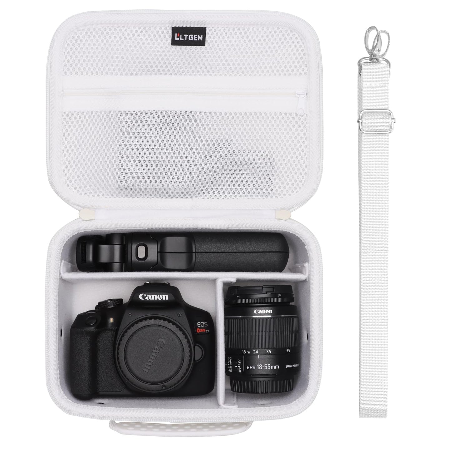L LTGEM Camera Case Compatible with Canon EOS Rebel T7/R50/R6 Mark II/R100/R50 V/T6/R8/R10/R5 Mark II/RP/R7/5D Mark IV/SL3/R5/T100 DSLR SLR Camera, Len and Tripod with 4 Dividers and Shoulder Strap