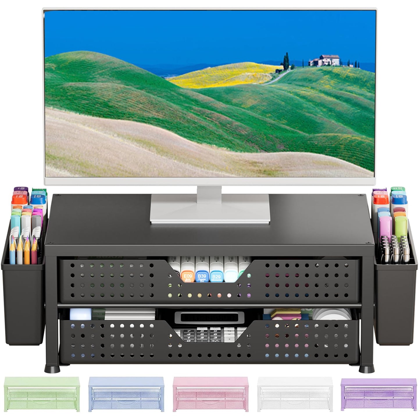 OPNICE Desk Organizer and Accessories, 2-Tier Computer Monitor Stand Riser with Drawer and 2 Pen Holders, Laptop Stand, Office Desk Accessories for Office Supplies