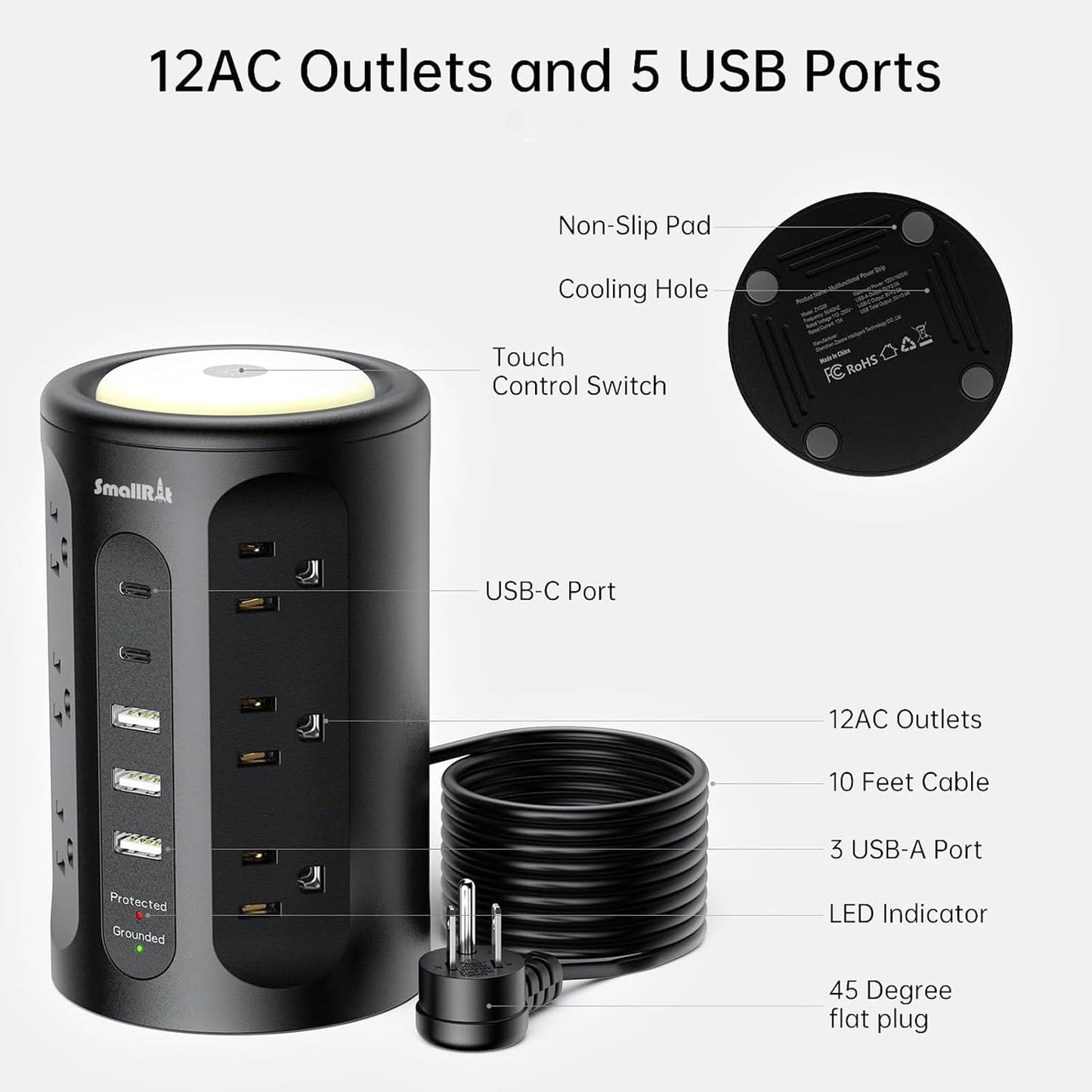 Power Strip with USB Charging & Night Light