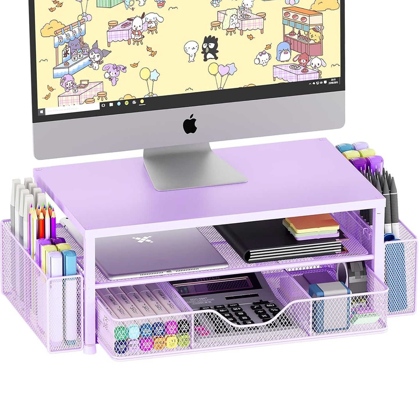 OPNICE Desk Organizer and Accessories, 2-Tier Computer Monitor Stand Riser with Drawer and 2 Pen Holders, Laptop Stand, Office Desk Accessories for Office Supplies