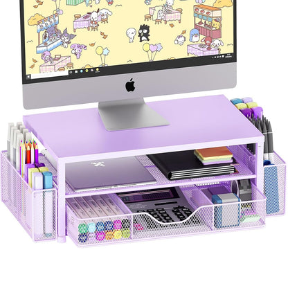 OPNICE Desk Organizer and Accessories, 2-Tier Computer Monitor Stand Riser with Drawer and 2 Pen Holders, Laptop Stand, Office Desk Accessories for Office Supplies