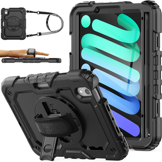 SEYMAC stock Case for iPad mini 7 (A17 Pro) 2024/ Mini 6 8.3'' with Screen Protector Pencil Holder [360 Rotating Hand Strap] &Stand, Drop-Proof Case for iPad