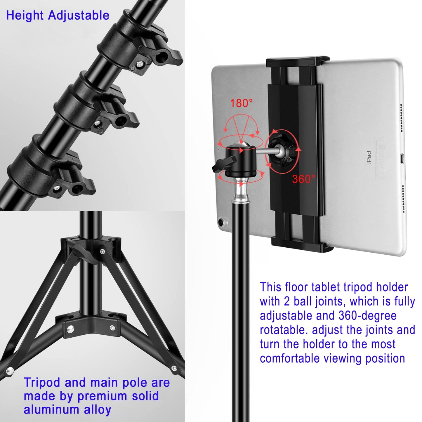 65-Inch Adjustable Tablet Tripod Stand with 360° Mount