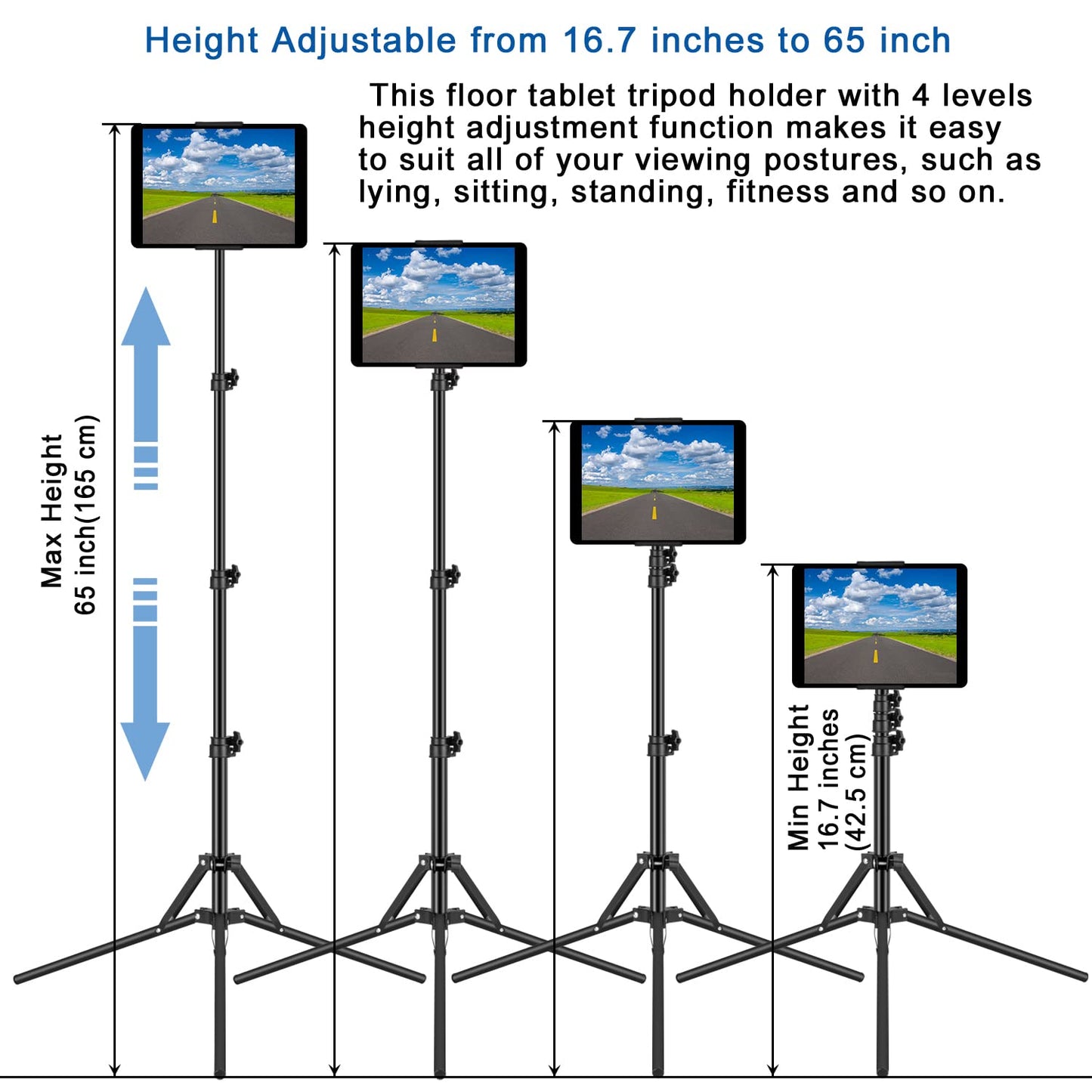 65-Inch Adjustable Tablet Tripod Stand with 360° Mount