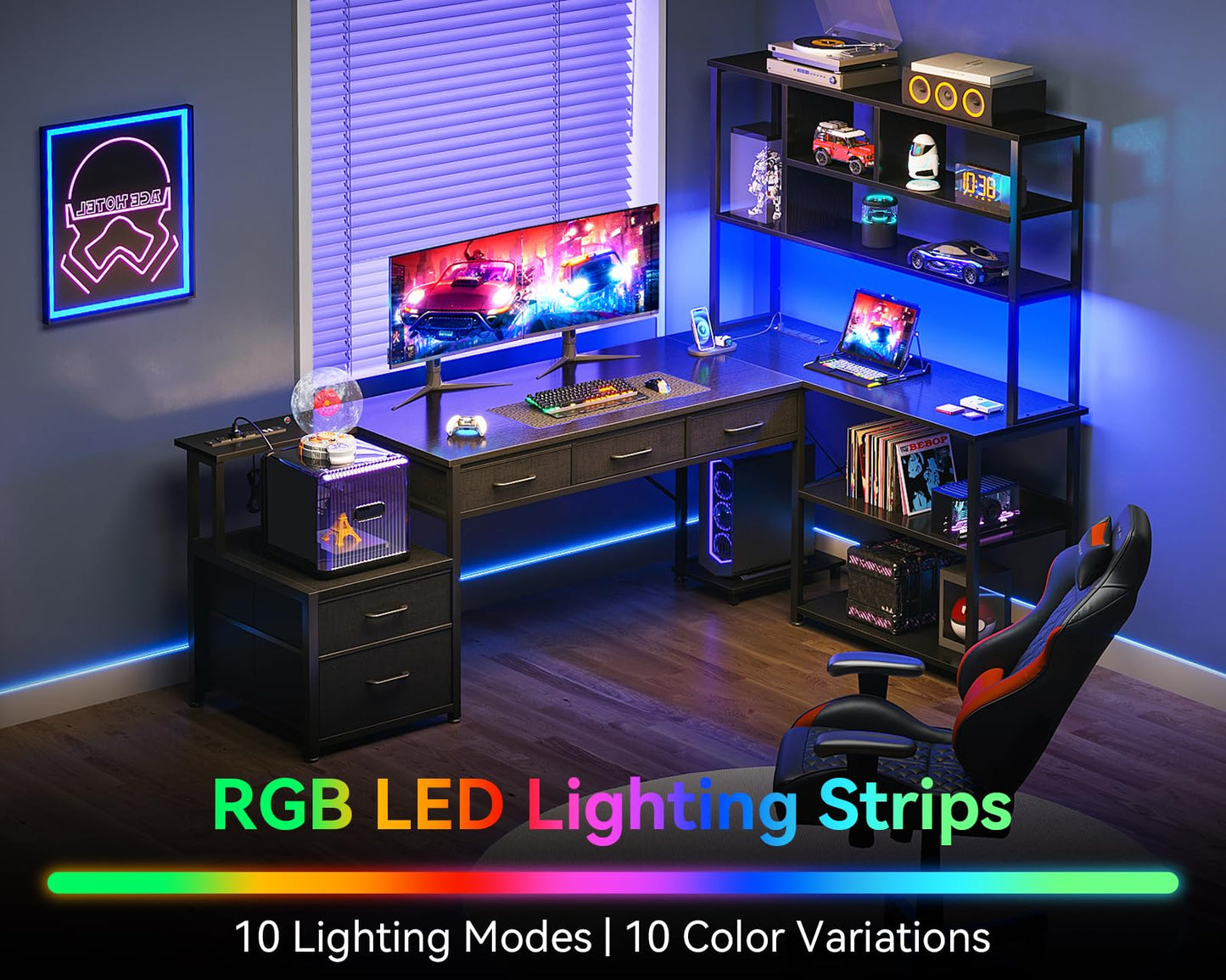 L Shaped Gaming Desk with Storage & Power Outlets