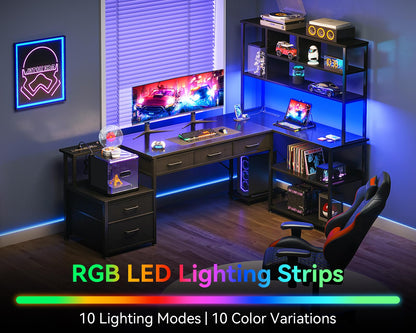 L Shaped Gaming Desk with Storage & Power Outlets