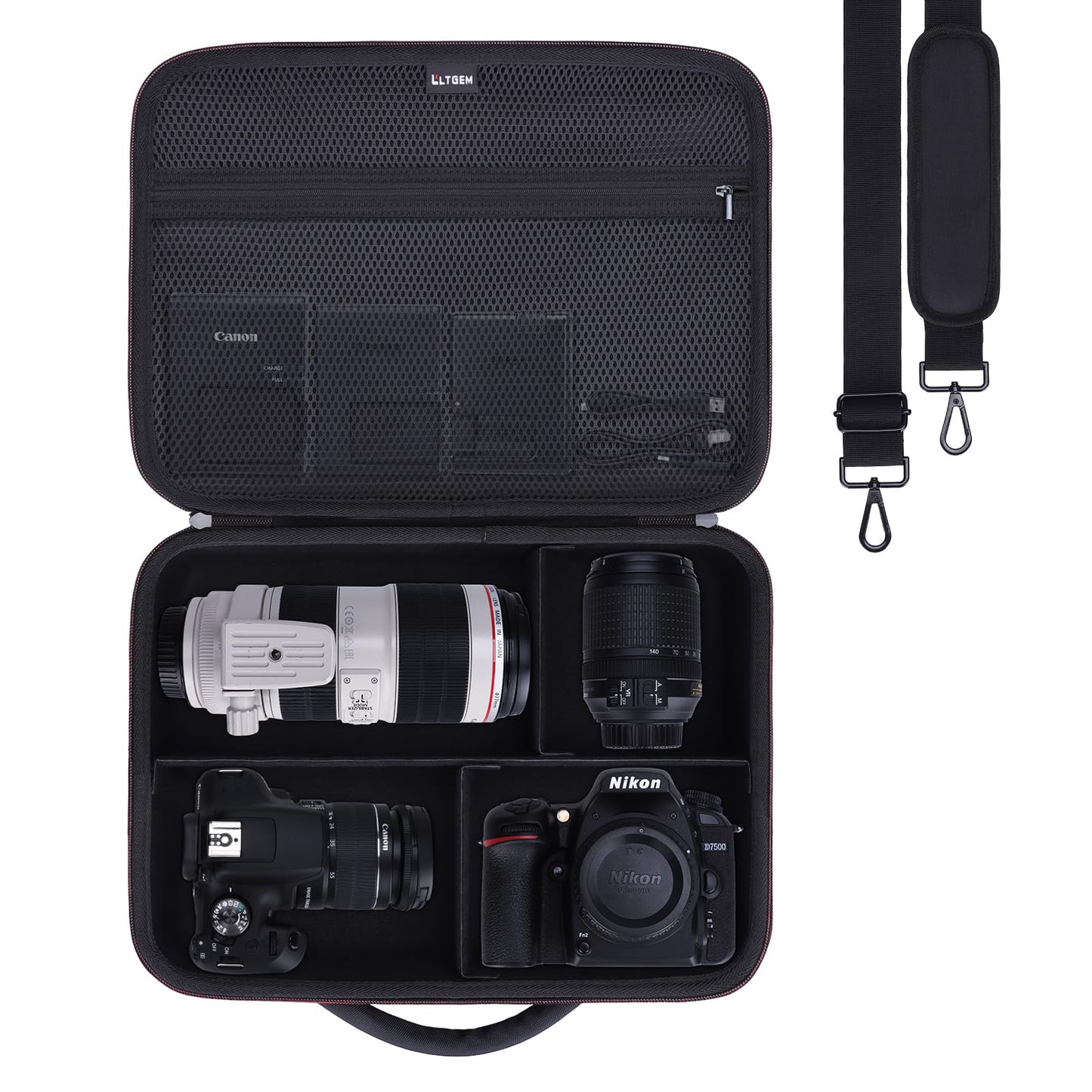 L LTGEM Camera Case Compatible with Canon EOS Rebel T7/R50/R6 Mark II/R100/R50 V/T6/R8/R10/R5 Mark II/RP/R7/5D Mark IV/SL3/R5/T100 DSLR SLR Camera, Len and Tripod with 4 Dividers and Shoulder Strap