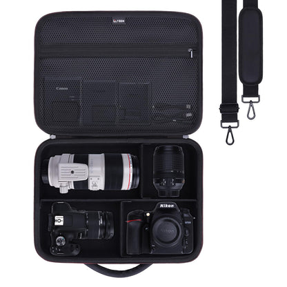 L LTGEM Camera Case Compatible with Canon EOS Rebel T7/R50/R6 Mark II/R100/R50 V/T6/R8/R10/R5 Mark II/RP/R7/5D Mark IV/SL3/R5/T100 DSLR SLR Camera, Len and Tripod with 4 Dividers and Shoulder Strap