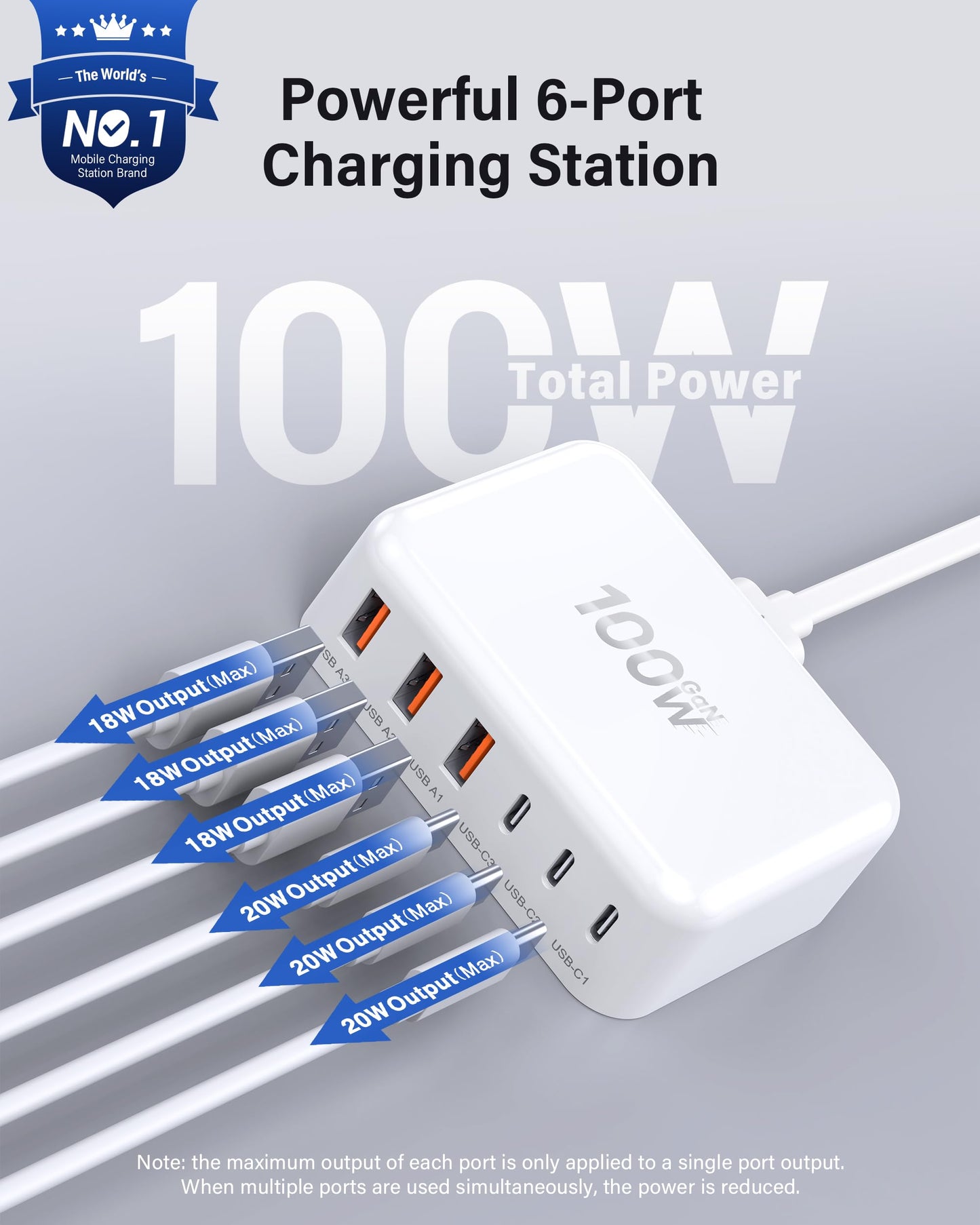 100W GaN USB-C Charging Station with 6 Ports