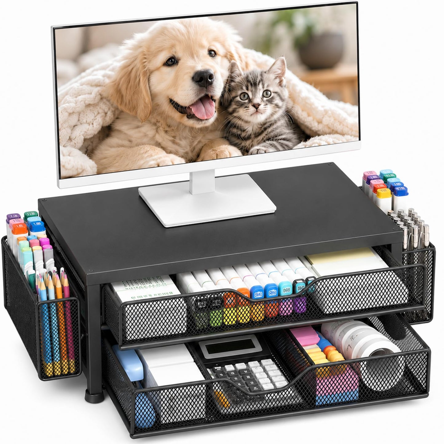 OPNICE Desk Organizer and Accessories, 2-Tier Computer Monitor Stand Riser with Drawer and 2 Pen Holders, Laptop Stand, Office Desk Accessories for Office Supplies