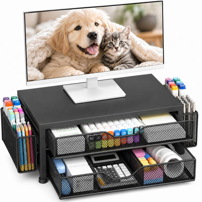OPNICE Desk Organizer and Accessories, 2-Tier Computer Monitor Stand Riser with Drawer and 2 Pen Holders, Laptop Stand, Office Desk Accessories for Office Supplies