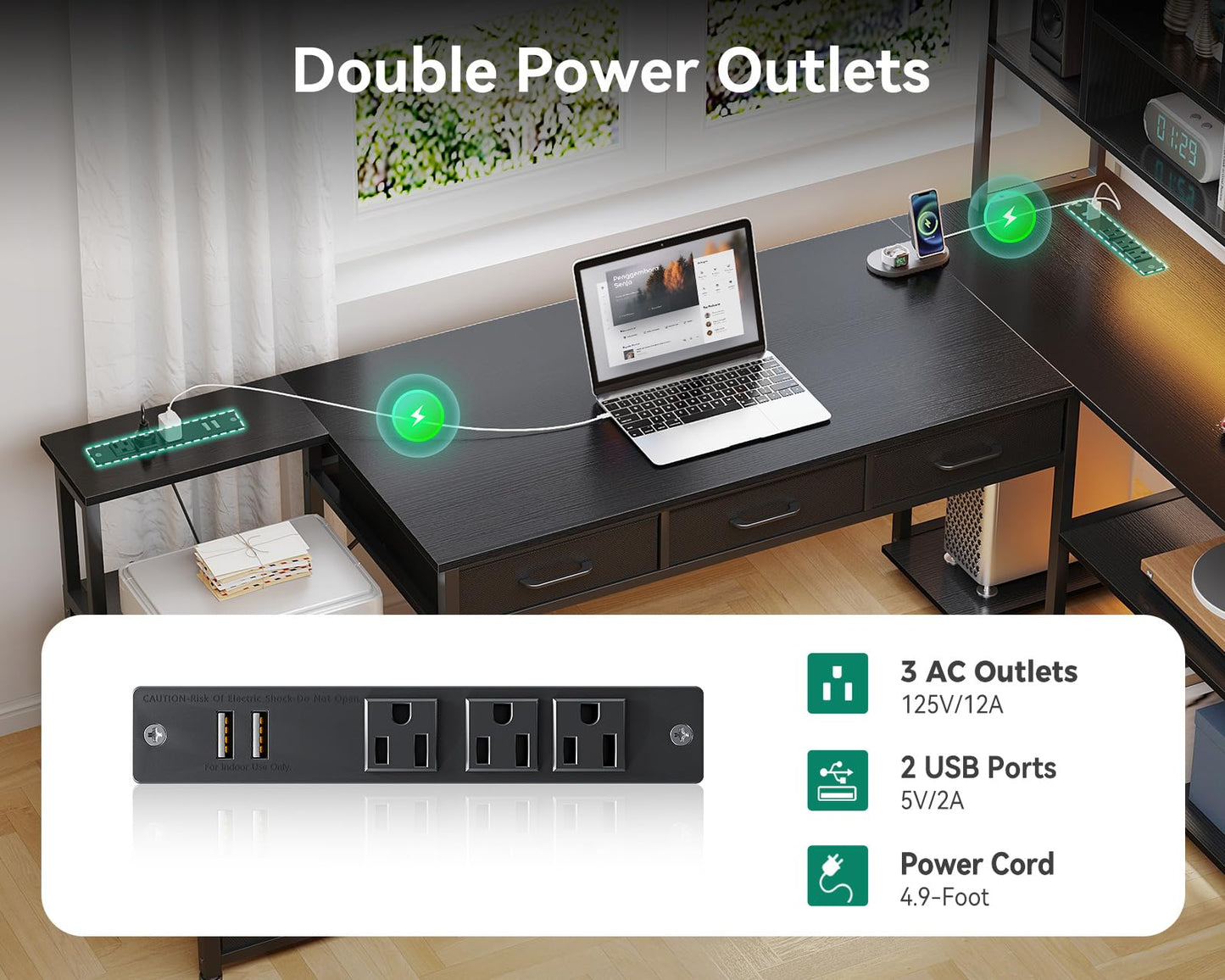 L Shaped Gaming Desk with Storage & Power Outlets