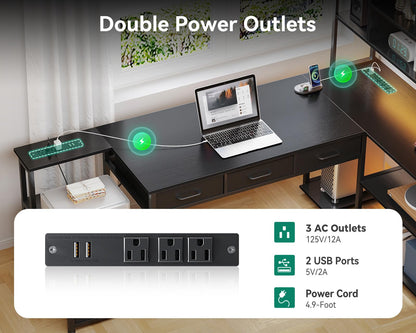 L Shaped Gaming Desk with Storage & Power Outlets