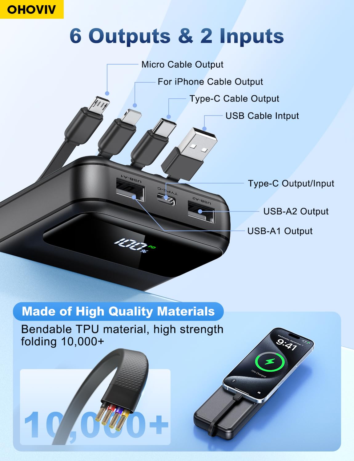 50000mAh Portable Power Bank with Built-In Cables