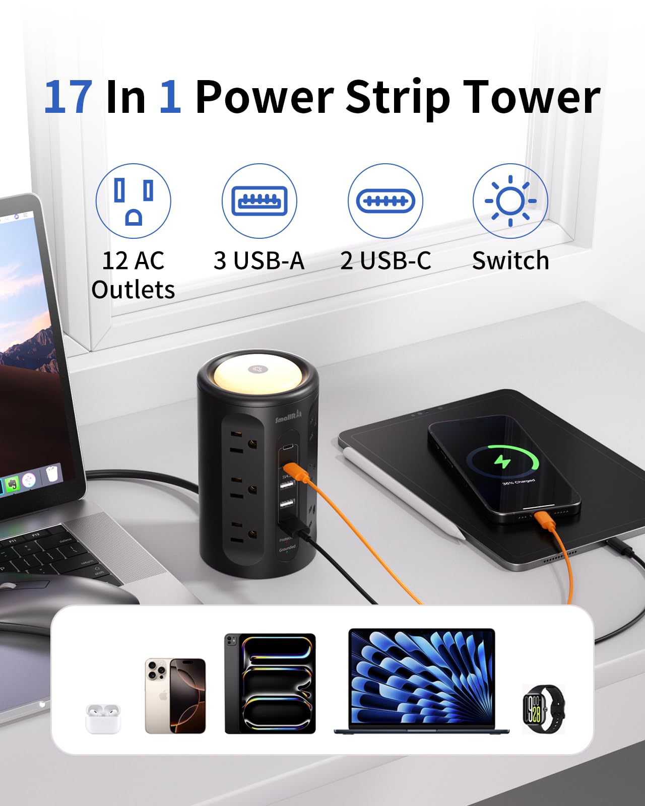 Power Strip with USB Charging & Night Light