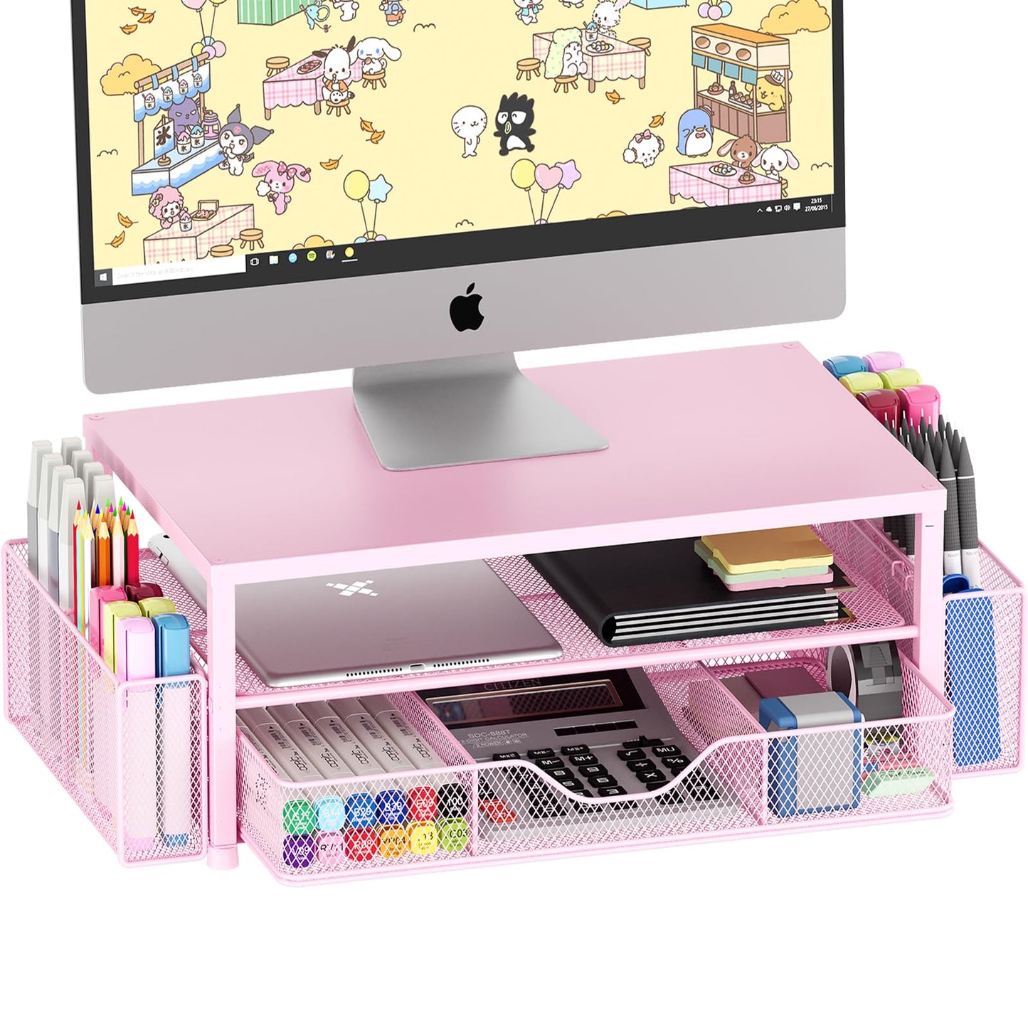 OPNICE Desk Organizer and Accessories, 2-Tier Computer Monitor Stand Riser with Drawer and 2 Pen Holders, Laptop Stand, Office Desk Accessories for Office Supplies