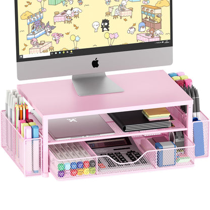 OPNICE Desk Organizer and Accessories, 2-Tier Computer Monitor Stand Riser with Drawer and 2 Pen Holders, Laptop Stand, Office Desk Accessories for Office Supplies