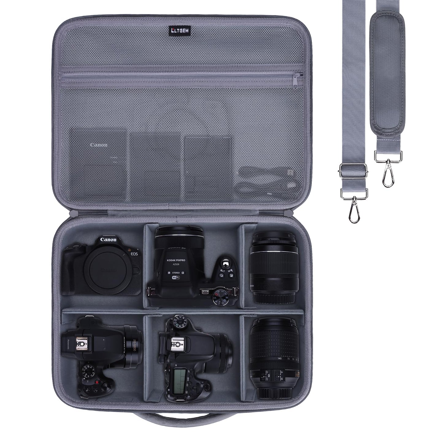L LTGEM Camera Case Compatible with Canon EOS Rebel T7/R50/R6 Mark II/R100/R50 V/T6/R8/R10/R5 Mark II/RP/R7/5D Mark IV/SL3/R5/T100 DSLR SLR Camera, Len and Tripod with 4 Dividers and Shoulder Strap