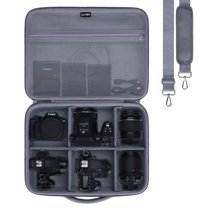 L LTGEM Camera Case Compatible with Canon EOS Rebel T7/R50/R6 Mark II/R100/R50 V/T6/R8/R10/R5 Mark II/RP/R7/5D Mark IV/SL3/R5/T100 DSLR SLR Camera, Len and Tripod with 4 Dividers and Shoulder Strap