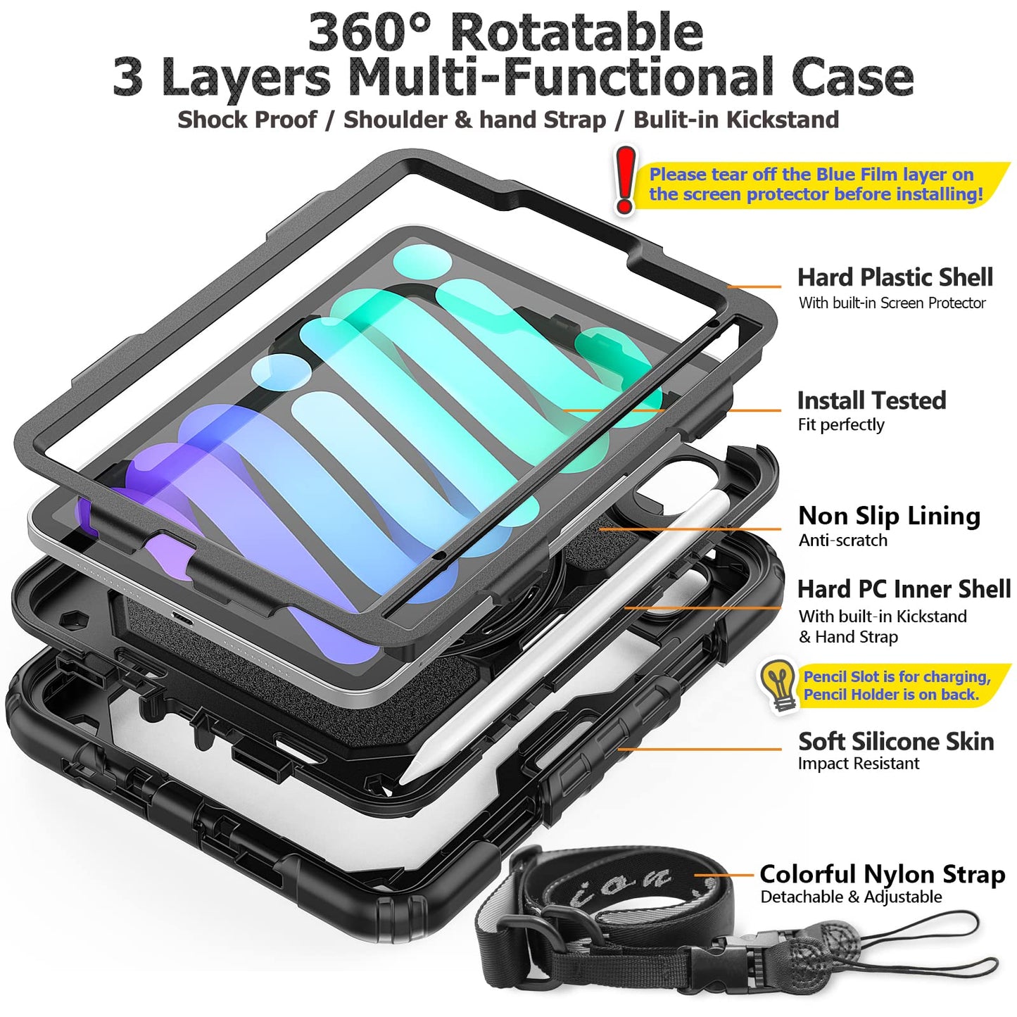 Protective iPad Mini Case with Rotating Hand Strap Stand
