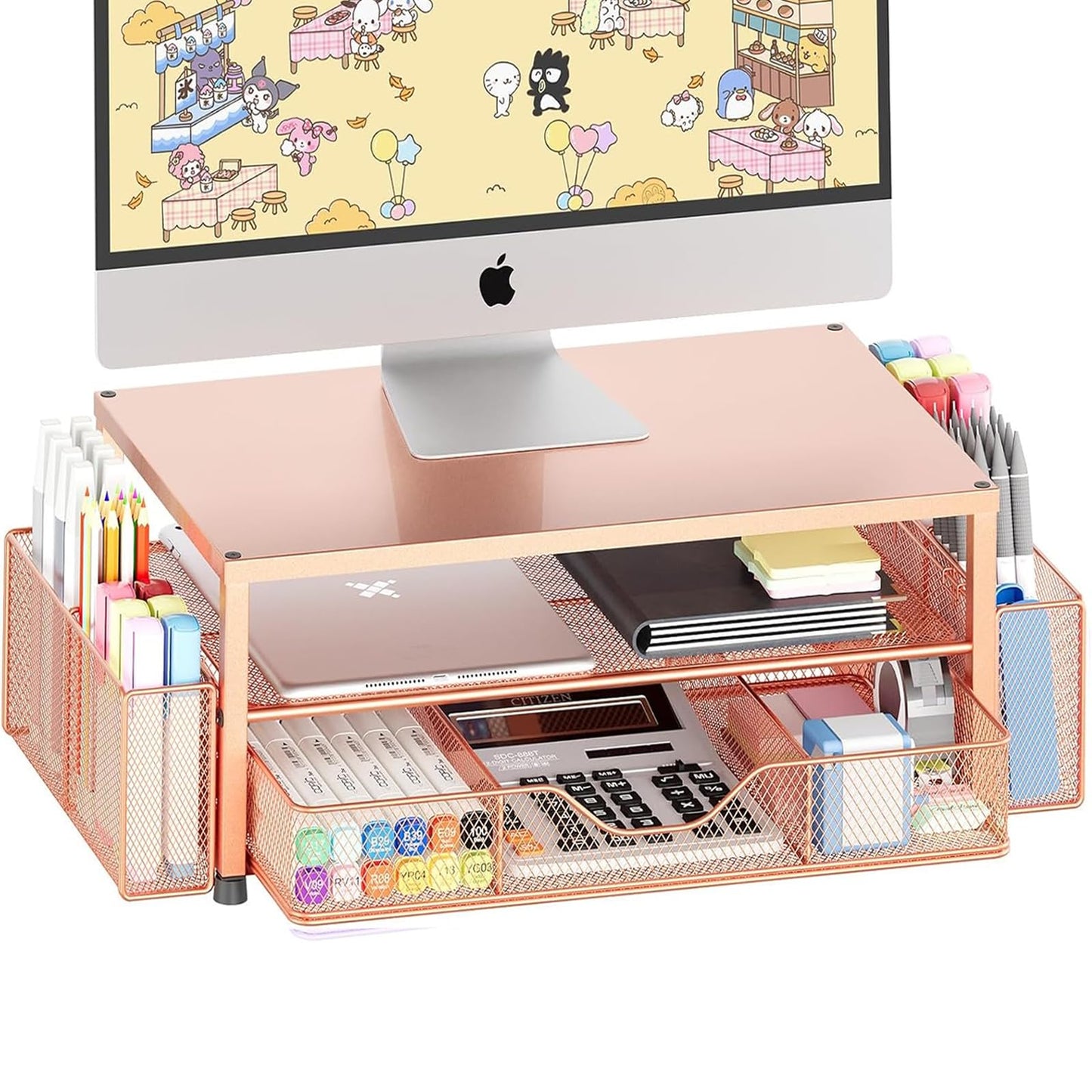 OPNICE Desk Organizer and Accessories, 2-Tier Computer Monitor Stand Riser with Drawer and 2 Pen Holders, Laptop Stand, Office Desk Accessories for Office Supplies