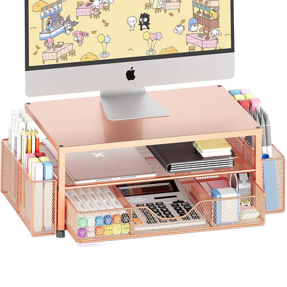 OPNICE Desk Organizer and Accessories, 2-Tier Computer Monitor Stand Riser with Drawer and 2 Pen Holders, Laptop Stand, Office Desk Accessories for Office Supplies