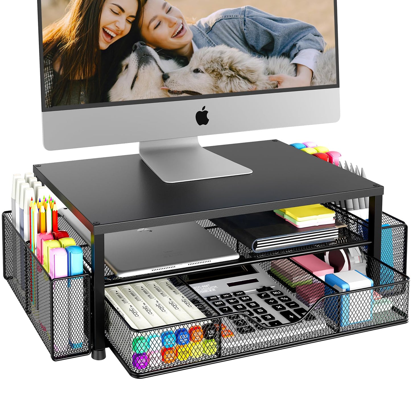 OPNICE Desk Organizer and Accessories, 2-Tier Computer Monitor Stand Riser with Drawer and 2 Pen Holders, Laptop Stand, Office Desk Accessories for Office Supplies