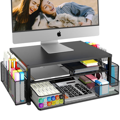 OPNICE Desk Organizer and Accessories, 2-Tier Computer Monitor Stand Riser with Drawer and 2 Pen Holders, Laptop Stand, Office Desk Accessories for Office Supplies