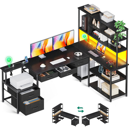 L Shaped Gaming Desk with Storage & Power Outlets