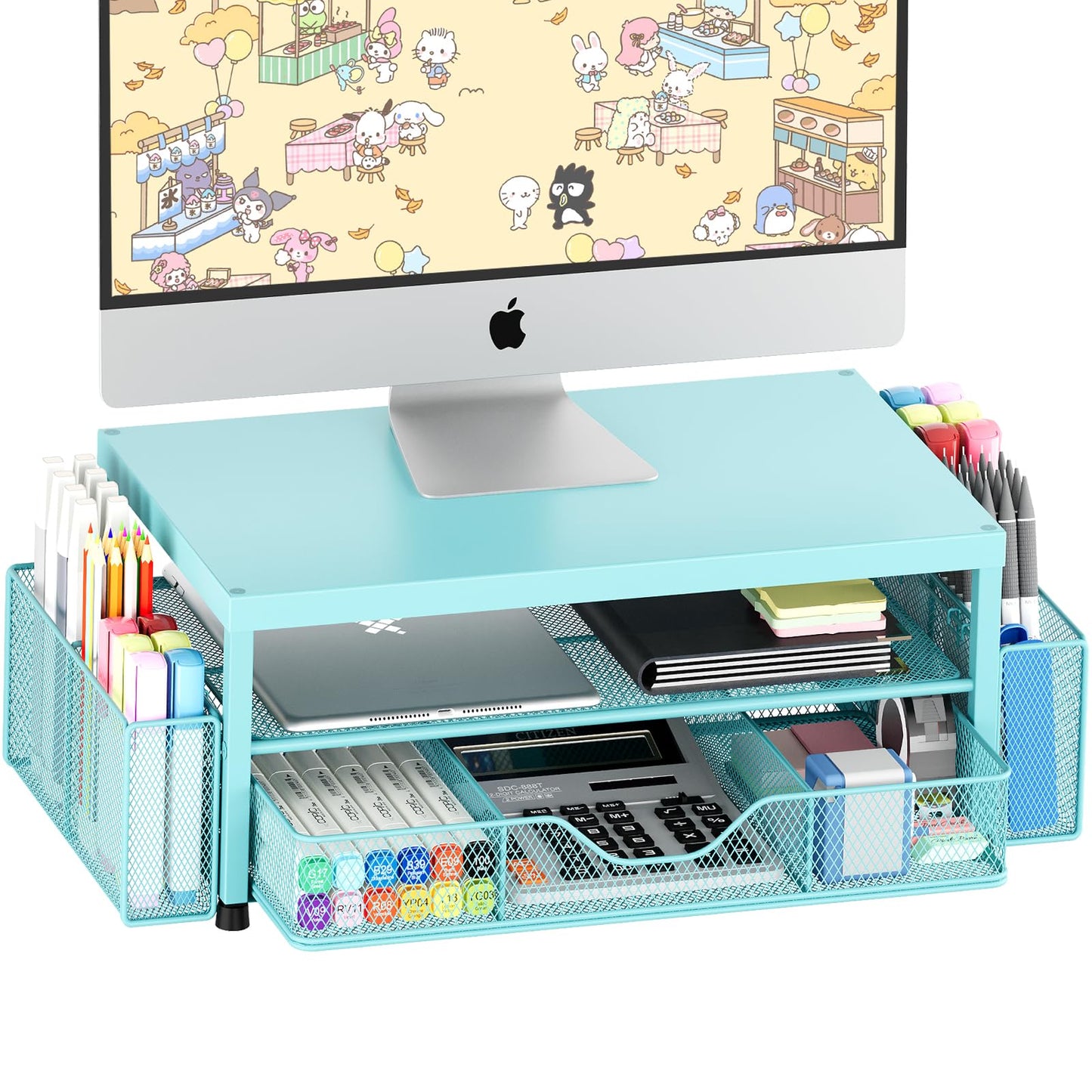 OPNICE Desk Organizer and Accessories, 2-Tier Computer Monitor Stand Riser with Drawer and 2 Pen Holders, Laptop Stand, Office Desk Accessories for Office Supplies