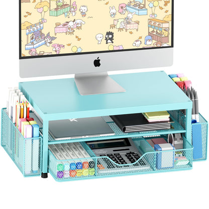 OPNICE Desk Organizer and Accessories, 2-Tier Computer Monitor Stand Riser with Drawer and 2 Pen Holders, Laptop Stand, Office Desk Accessories for Office Supplies