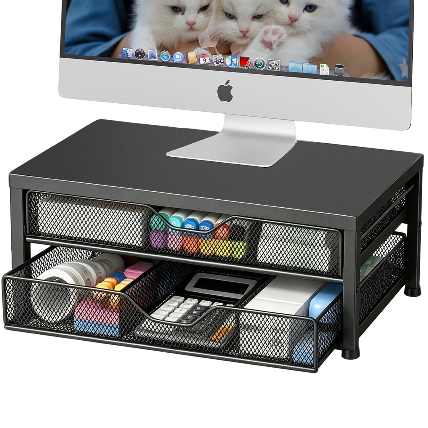 OPNICE Desk Organizer and Accessories, 2-Tier Computer Monitor Stand Riser with Drawer and 2 Pen Holders, Laptop Stand, Office Desk Accessories for Office Supplies