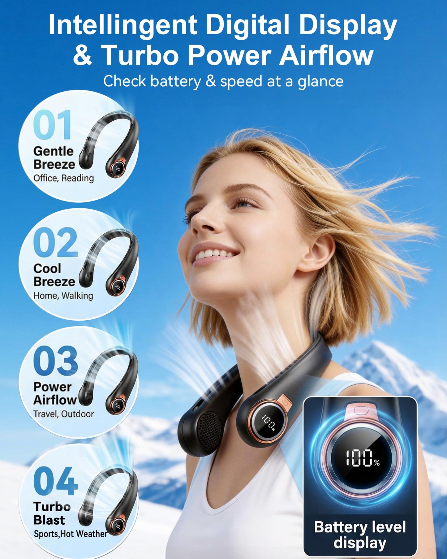 Portable Neck Fan with Rechargeable Battery & LED Display