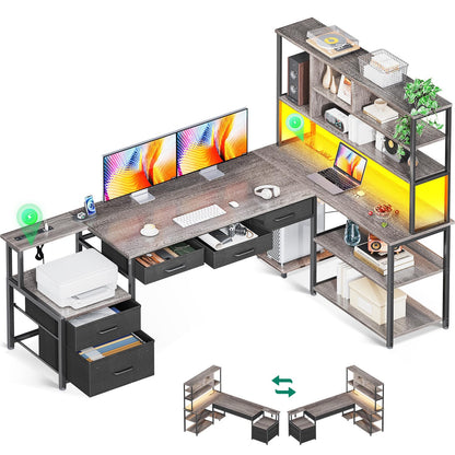 L Shaped Gaming Desk with Storage & Power Outlets