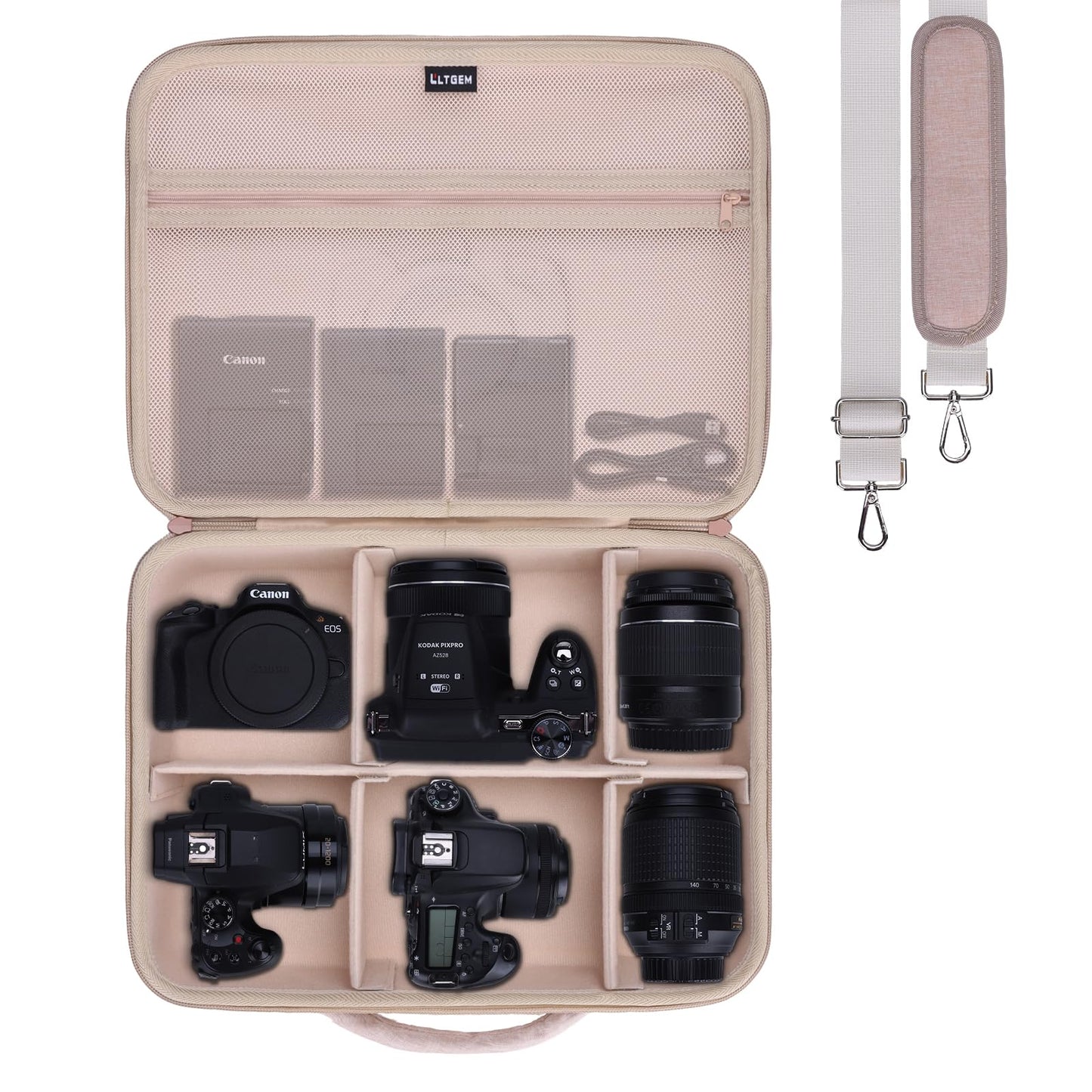 L LTGEM Camera Case Compatible with Canon EOS Rebel T7/R50/R6 Mark II/R100/R50 V/T6/R8/R10/R5 Mark II/RP/R7/5D Mark IV/SL3/R5/T100 DSLR SLR Camera, Len and Tripod with 4 Dividers and Shoulder Strap