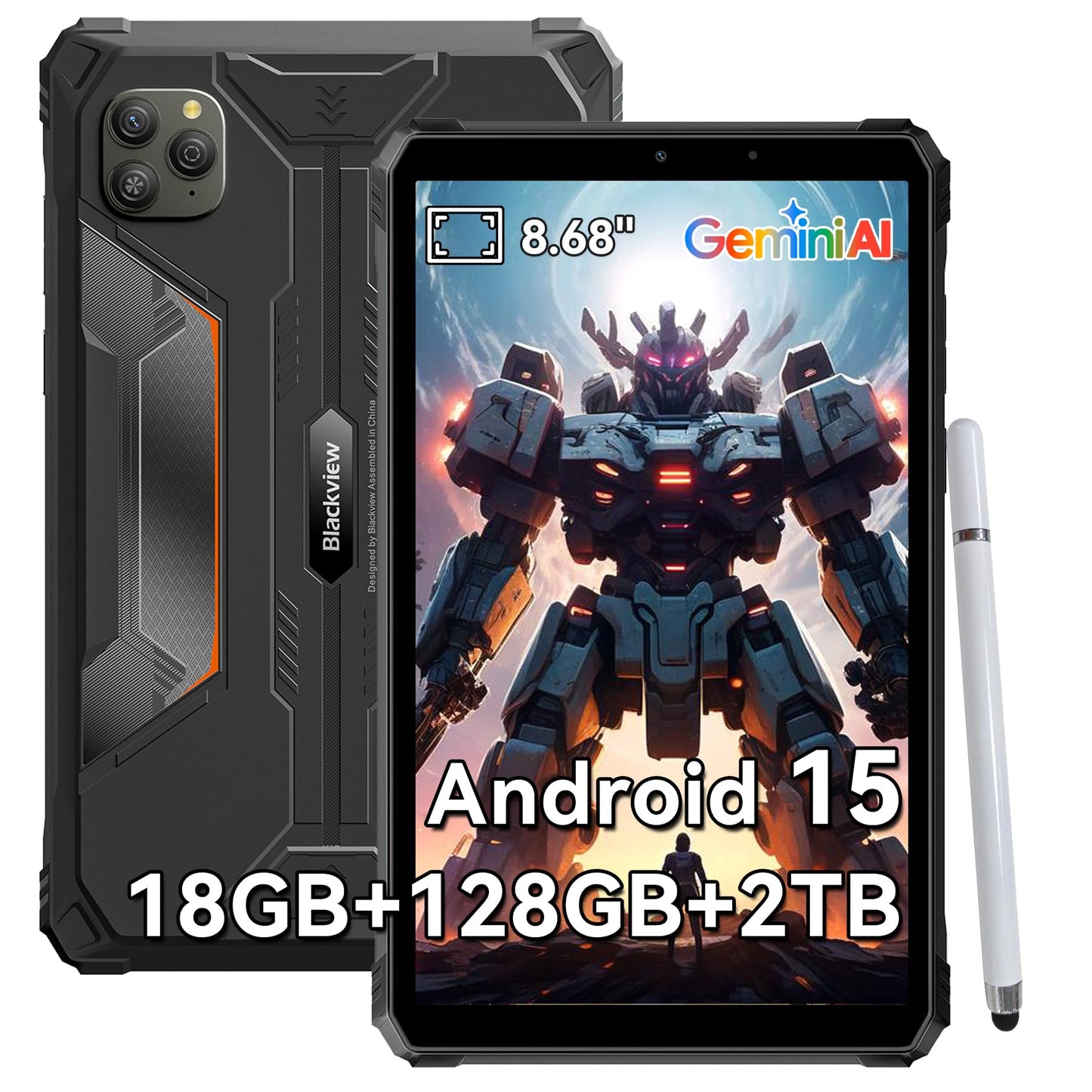 Blackview 9 inch Rugged Tablet, Android 15 Waterproof Tablet wirh Gemini AI, 24GB+128GB TF 2TB, 180Hz, IP68/IP69K, MIL-STD-810H Shockproof, 16MP+13MP, 18W/OTG/5G WiFi/GPS/NFC/TÜV/Face ID/Glove Mode