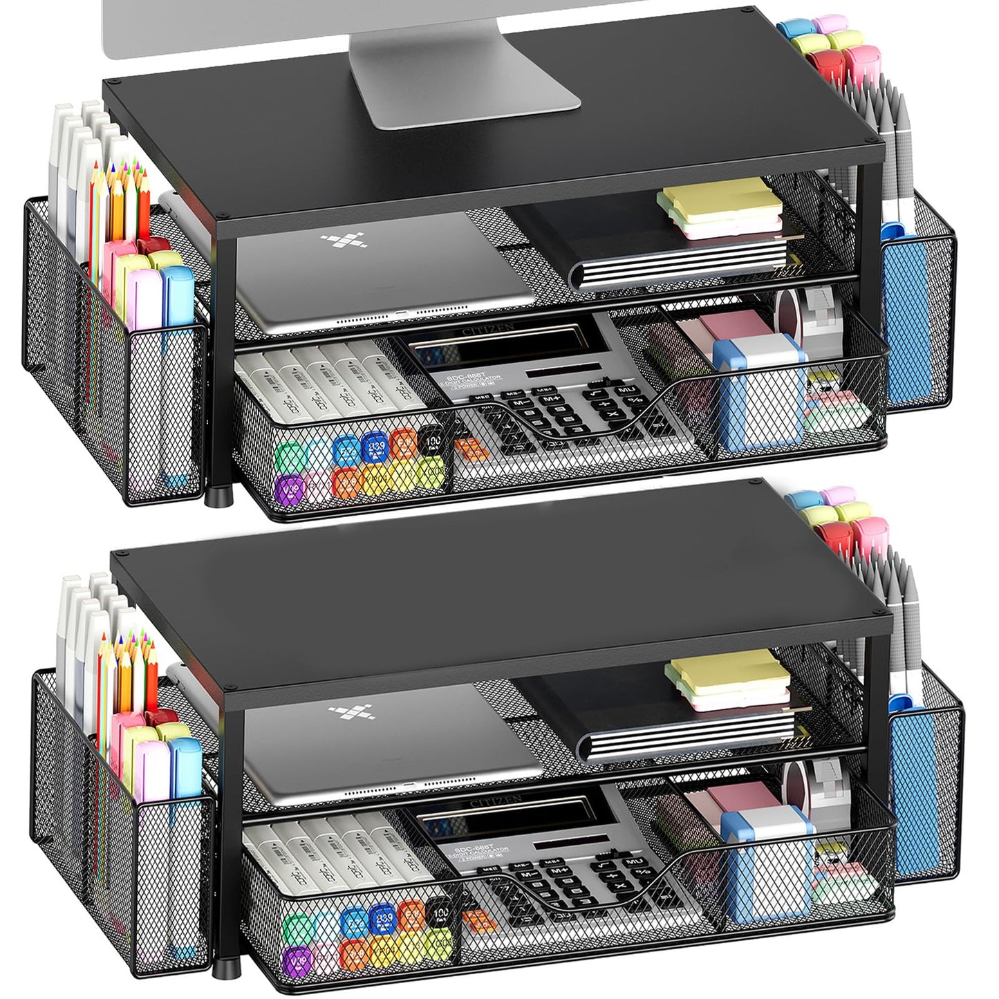 OPNICE Desk Organizer and Accessories, 2-Tier Computer Monitor Stand Riser with Drawer and 2 Pen Holders, Laptop Stand, Office Desk Accessories for Office Supplies