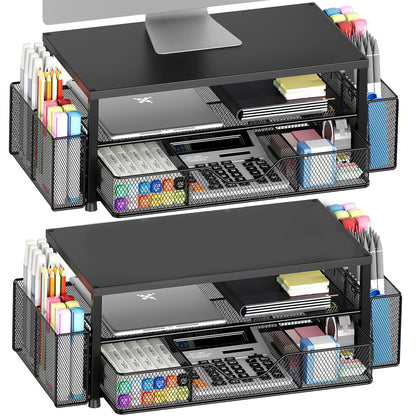 OPNICE Desk Organizer and Accessories, 2-Tier Computer Monitor Stand Riser with Drawer and 2 Pen Holders, Laptop Stand, Office Desk Accessories for Office Supplies