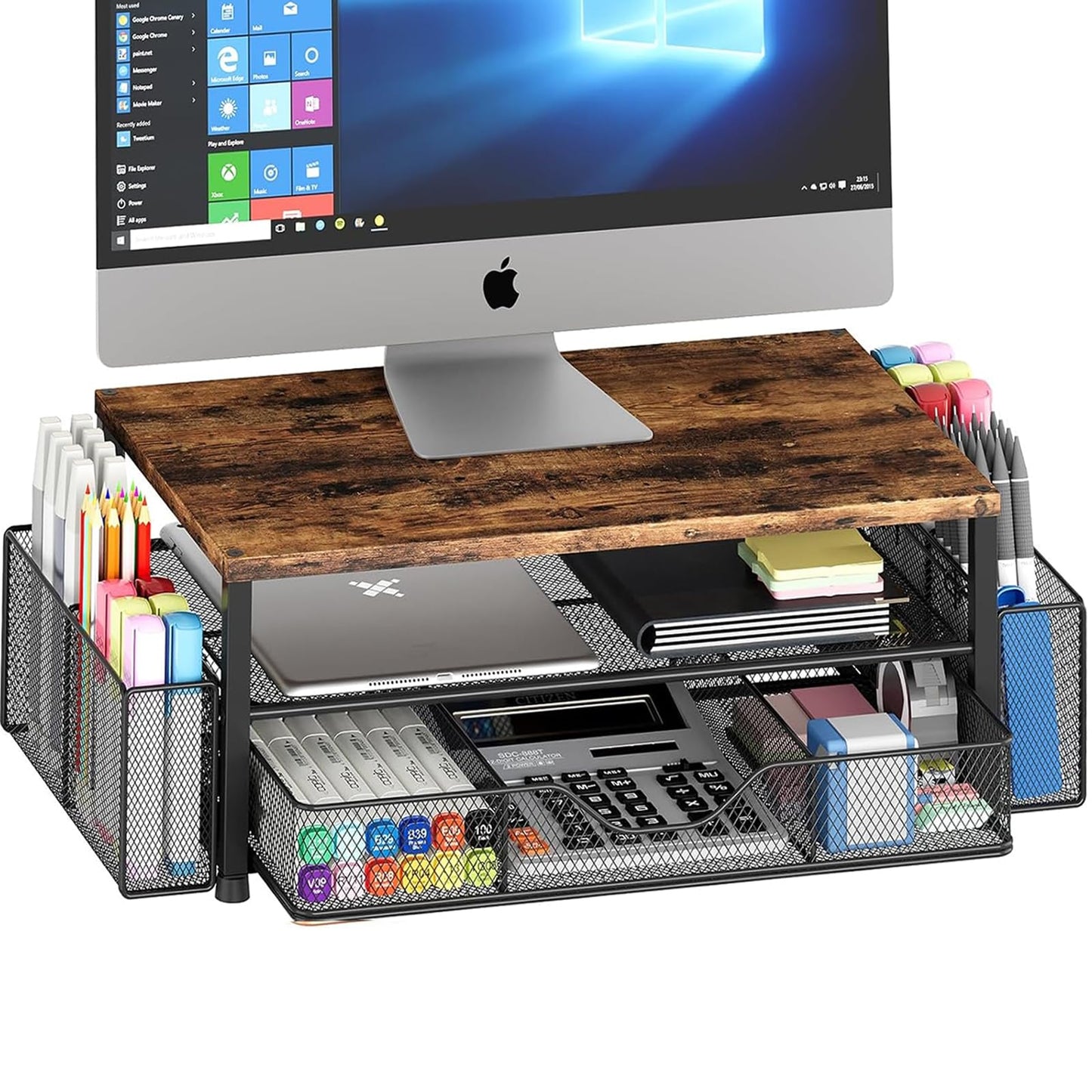 OPNICE Desk Organizer and Accessories, 2-Tier Computer Monitor Stand Riser with Drawer and 2 Pen Holders, Laptop Stand, Office Desk Accessories for Office Supplies