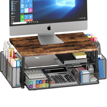 OPNICE Desk Organizer and Accessories, 2-Tier Computer Monitor Stand Riser with Drawer and 2 Pen Holders, Laptop Stand, Office Desk Accessories for Office Supplies