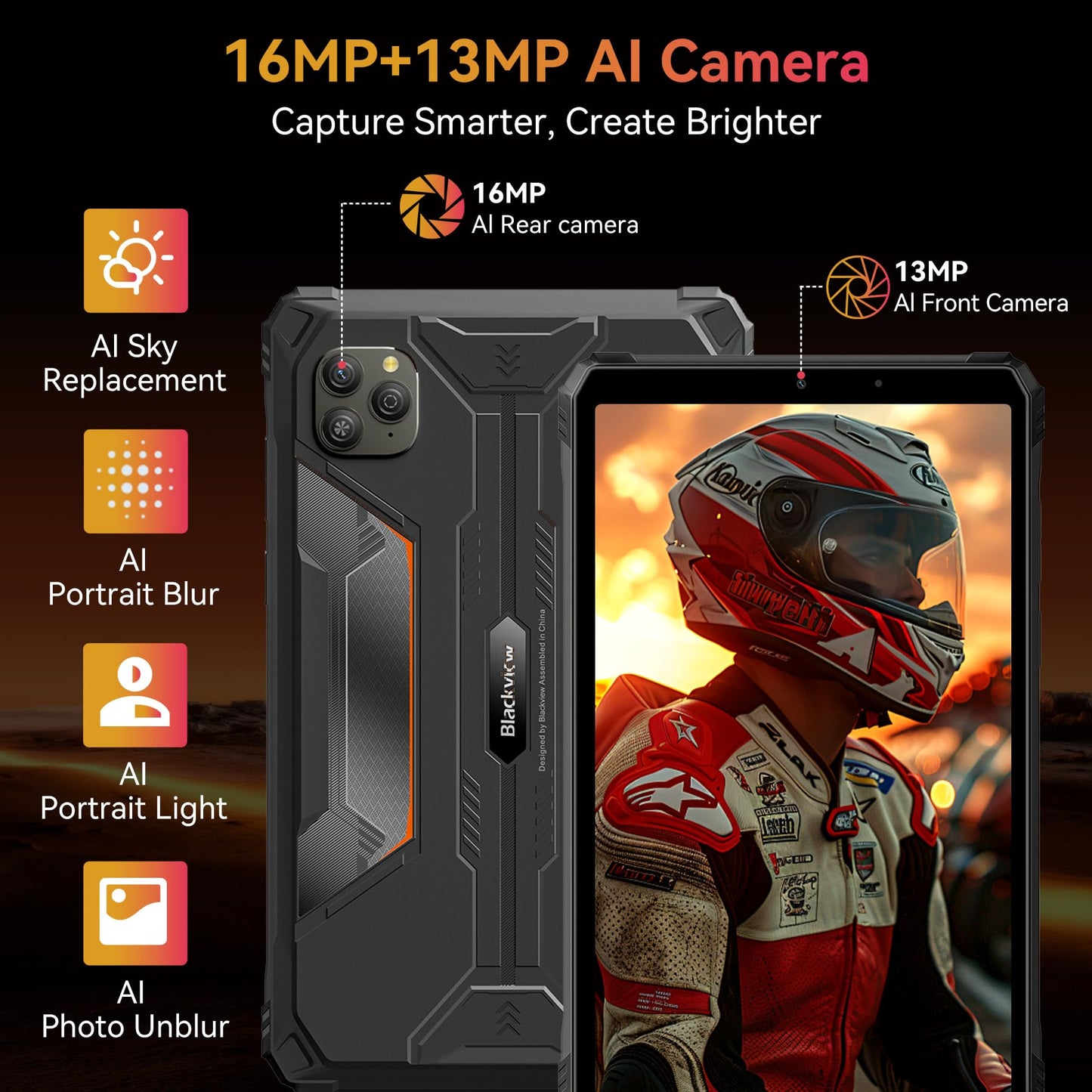 Blackview 9 inch Rugged Tablet, Android 15 Waterproof Tablet wirh Gemini AI, 24GB+128GB TF 2TB, 180Hz, IP68/IP69K, MIL-STD-810H Shockproof, 16MP+13MP, 18W/OTG/5G WiFi/GPS/NFC/TÜV/Face ID/Glove Mode